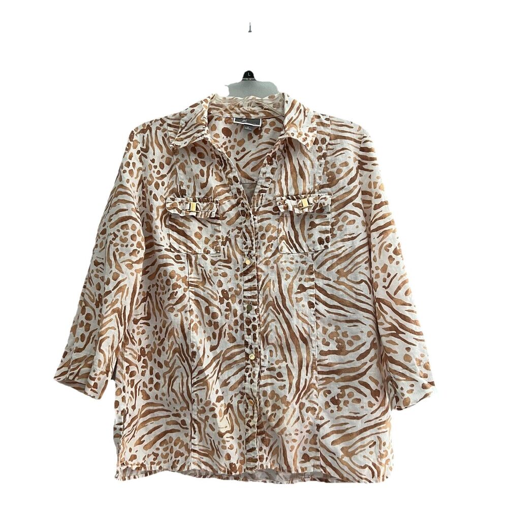 JM Collection Linen Shirt Women’s‎ 6 Animal Print Button Up 3/4 Sleeve Coastal